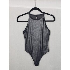 Victoria Sport Metallic Silver High Neck Mesh Back Bodysuit XS Sleeveless Glam
